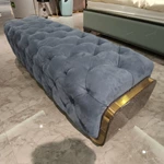 Blue Tufted Velvet Bed Bench with Natural Wood Veneer & Gold Accents